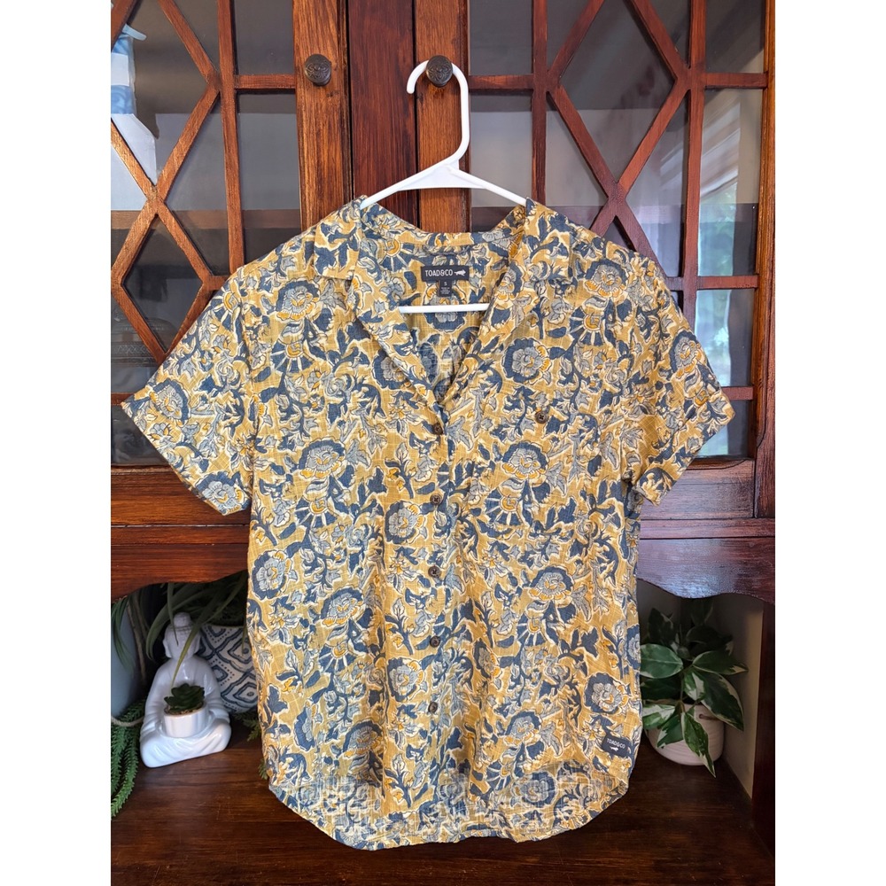 Toad&Co Women Small Organic Cotton Floral Button Down Shirt Yellow Blue Short